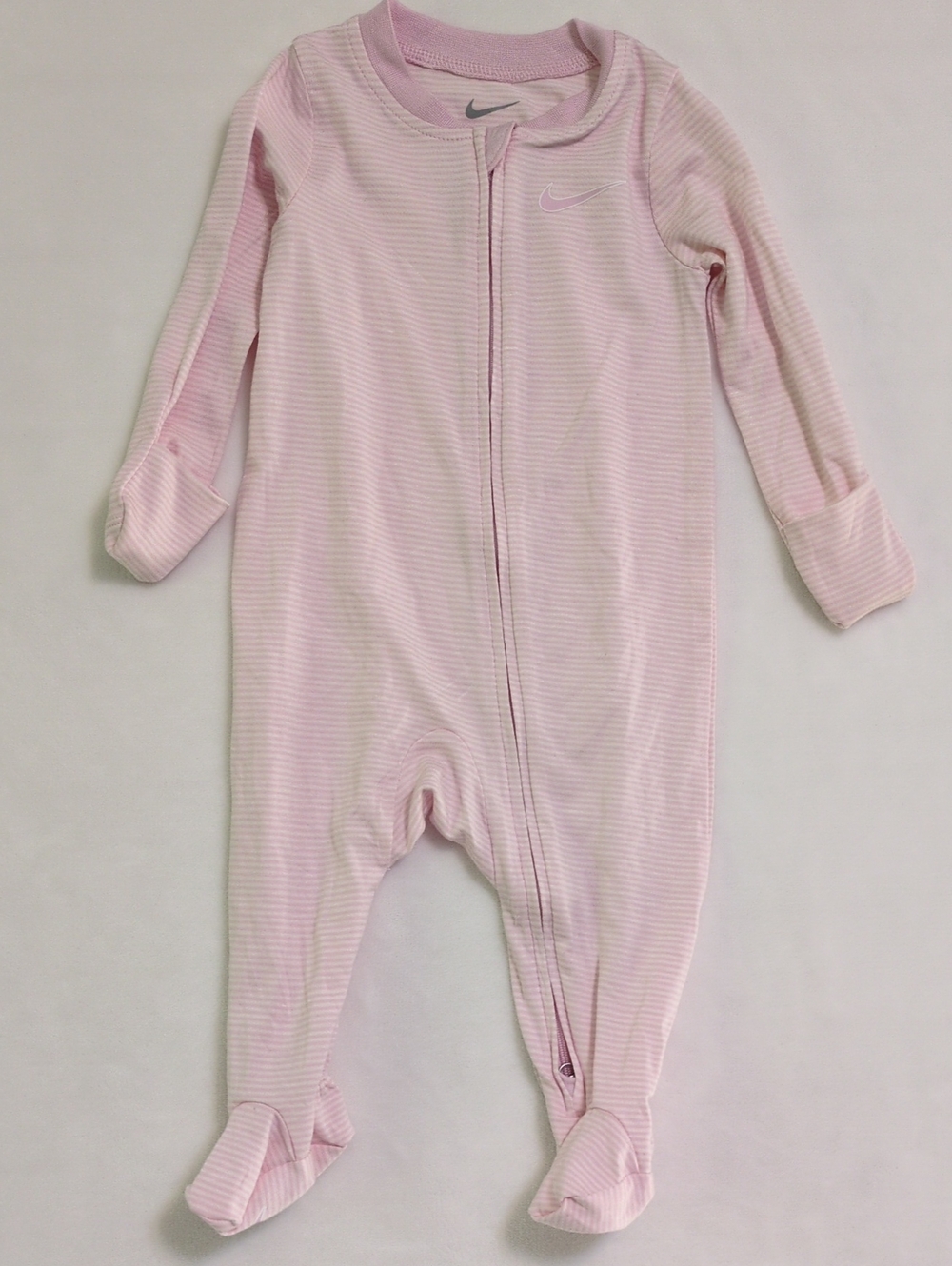 ​Nike Baby Girl Pink Striped Footed Sleeper Romper w/ Flip Mittens Size 6 Months